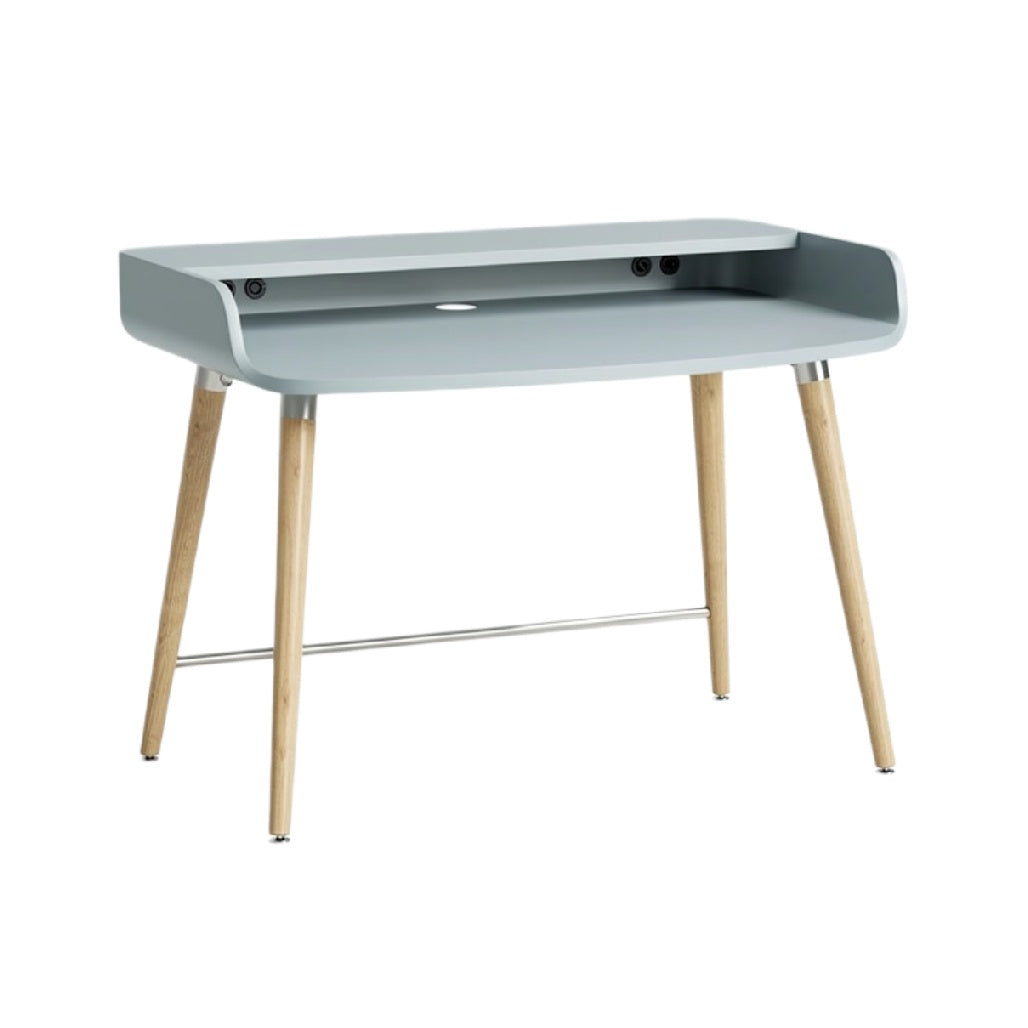 Titre technique en français : "Bureau moderne en bois et métal, design épuré avec rangement intégré"