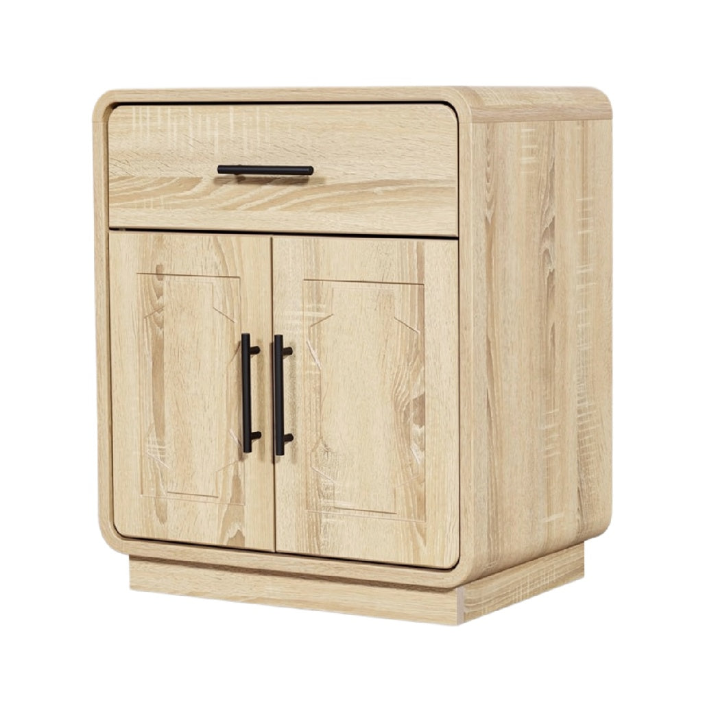 Titre technique en français : **Meuble de rangement en bois, table de chevet avec tiroir et portes, design moderne**.