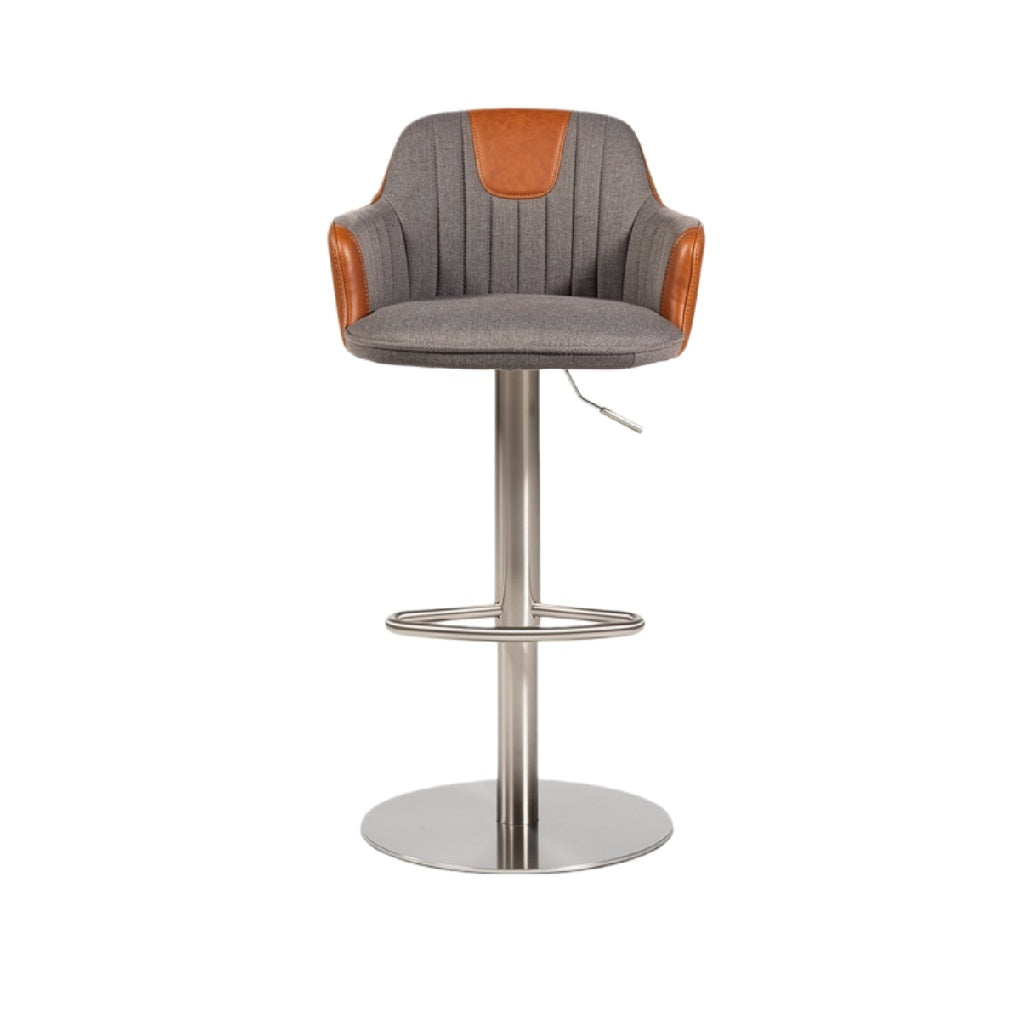 Baroque moderne : Tabouret de bar en tissu gris et cuir synthétique, réglable en hauteur avec base en chrome.