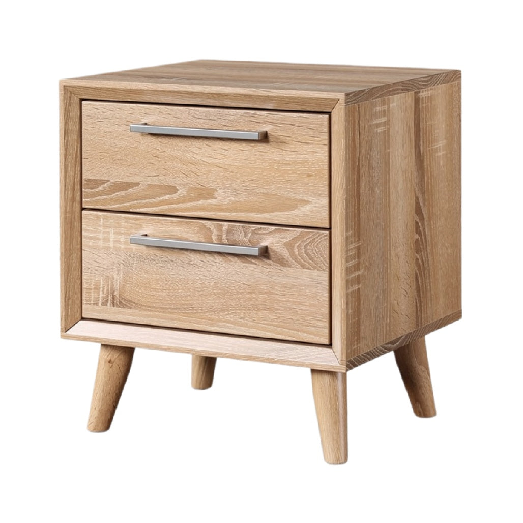 Titre technique en français : **Table de Nuit en Bois avec 2 Tiroirs et Pieds en Chêne**